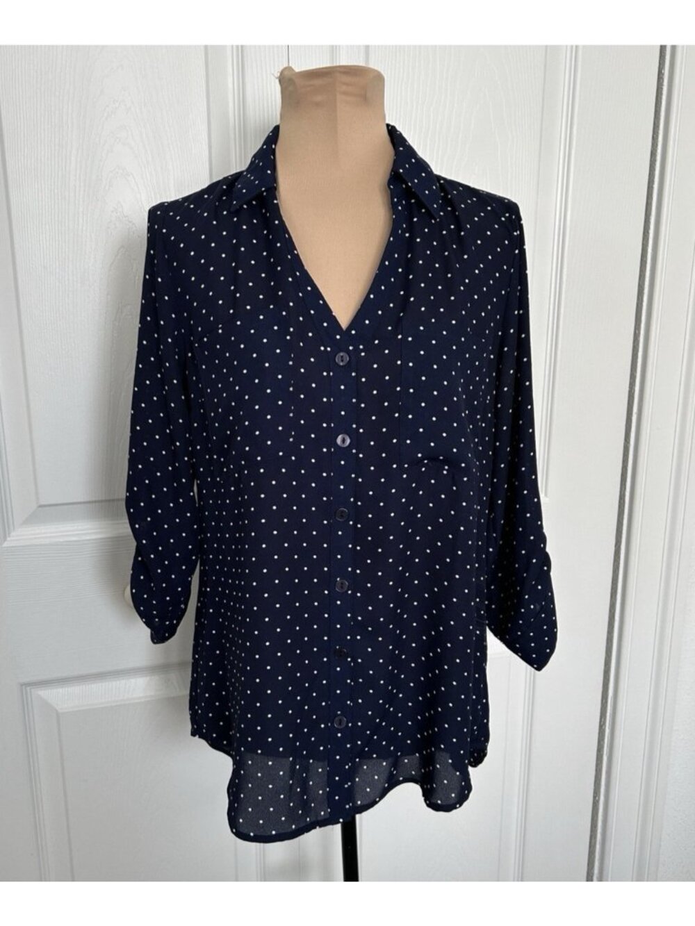 Fortune + Ivy Navy Blue Polka Dot Roll Tab Sleeve Button Down Blouse Size XS